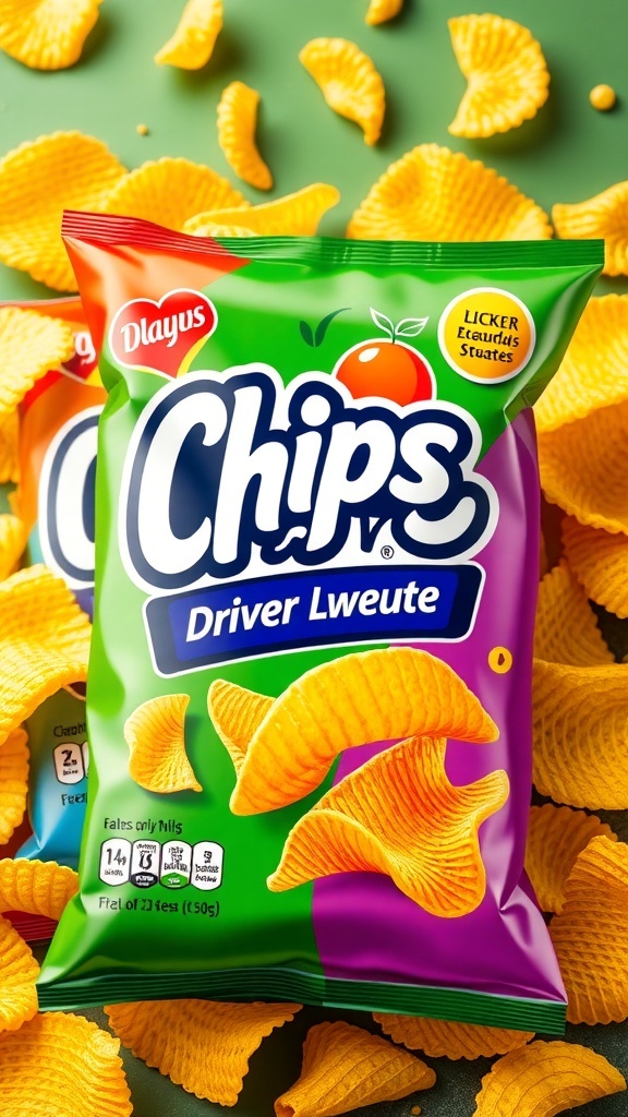 Colorful chips packaging design with bold graphics and clear labeling, featuring various flavors.